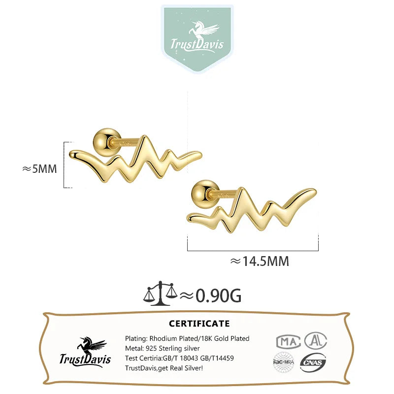TrustDavis 925 Sterling Silver Women's Fashion Simple Smooth Heartbeat Line Screw Earrings for Women Girls Jewelry Gift DS4300