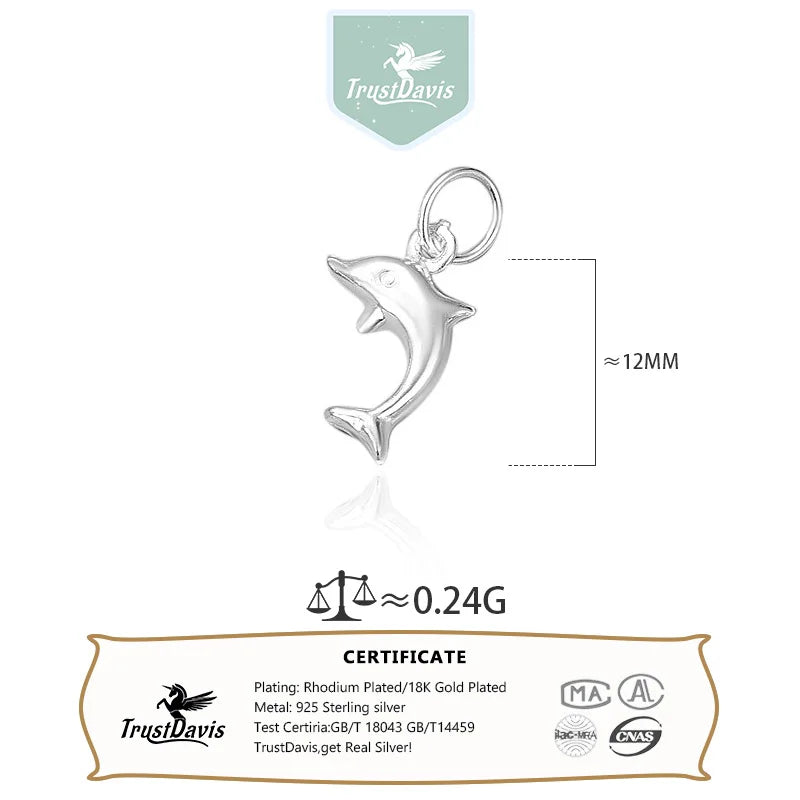 TrustDavis Real 925 Sterling Silver Fashion Animal Dolphin Charm Pendant Handmade DIY Accessories Fine Jewelry DZ1715