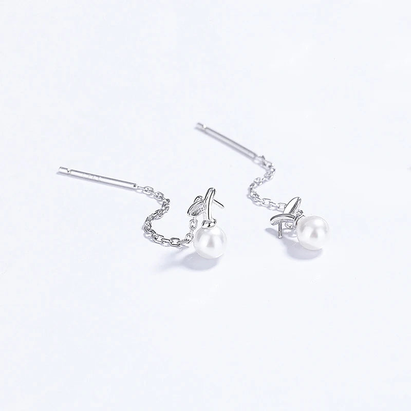 Trustdavis Genuine 925 Sterling Silver Fashion Romantic Leaf Pearl Tassel Ear Line for Women Fashion Silver 925 Jewelry DS4127