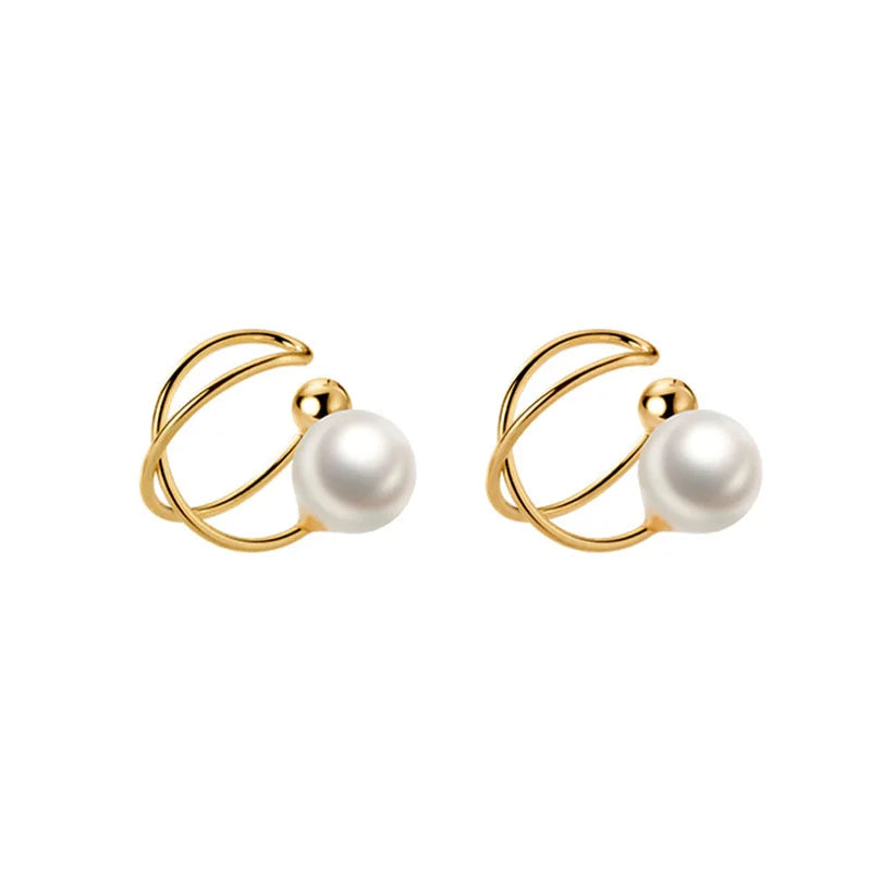 TrustDavis Real 925 Sterling Silver Sweet Gold Cross Synthesis Pearl Clip Earrings For Women Without Piercing Fine Jewelry DA256