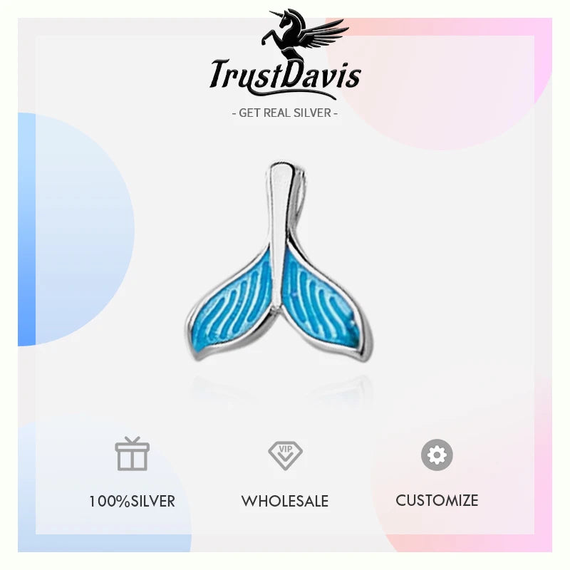 TrustDavis Real 925 Sterling Silver Cute Blue Fish Tail Pendant Handmade DIY Necklace Bracelet Accessories Fine Jewelry DZ1734
