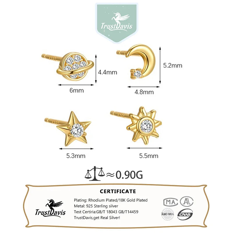 TrustDavis 925 Sterling Silver Women's Fashion Simple Starry Sky Series Stud Earring Set for Women Girls Jewelry Gift DS4273