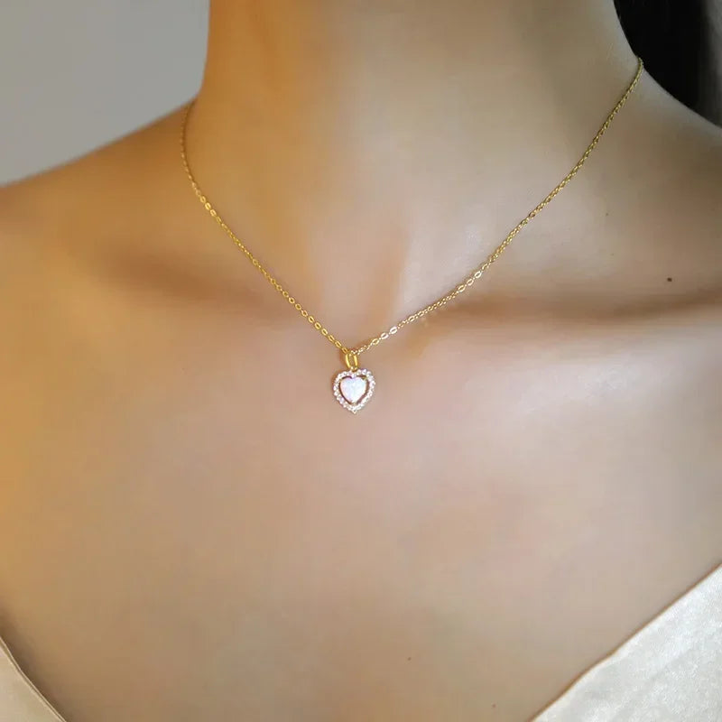 Heart with Opal Pendant Clavicle Chain Necklace L158