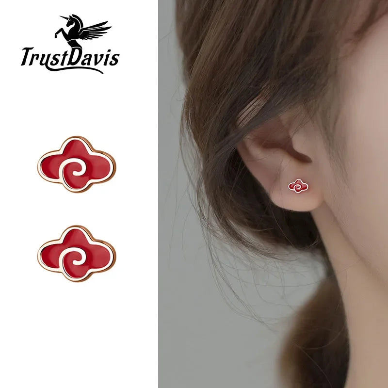Trustdavis Real 925 Sterling Silver Fashion Sweet Red Clouds Stud Earrings For Women Wedding Birthday Present Jewelry DB1136
