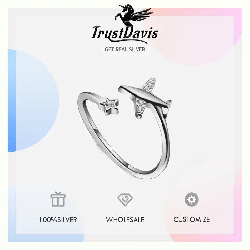 Trusta 925 Silver Plane Ring CZ Opening Fashion Jewelry Pure 100% 925 Sterling Silver Finger Rings Best Gift for Friends DS1714