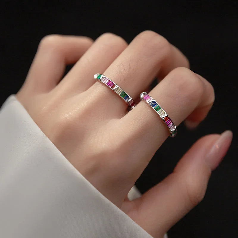 TrustDavis Women Real 925 Sterling Silver Colore Zircon Open Ring Geometric Gift for Mom Daugther Birthday Jewelry DS3627