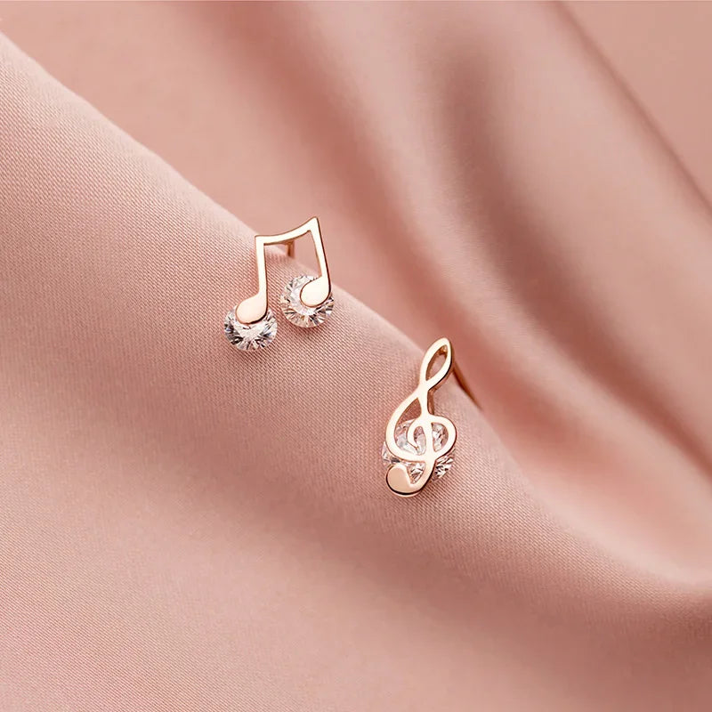 Trustdavis Genuine 925 Sterling Silver Sweet Asymmetric Music Notes CZ Stud Earrings For Woman Wedding Party Fine Jewelry DA1256