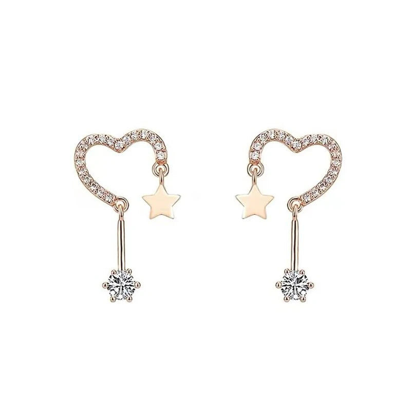 TrustDavis 925 Sterling Silver Women's Fashion Sweet Heart Star Zircon Earrings for Women Girls Jewelry Gift DS4410