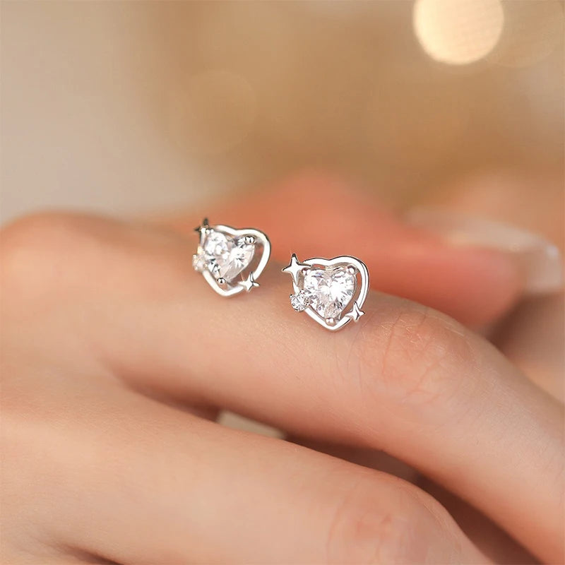 TrustDavis Real 925 Sterling Silver Heart Shaped Earrings Four-pointed Star Heart Zircon Earrings for Women Gift Jewelry DS4205