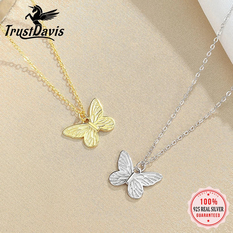 TrustDavis 925 Sterling Silver Women's Fashion Simple Butterfly Pattern Necklace for Women Girls Jewelry Gift DS4379