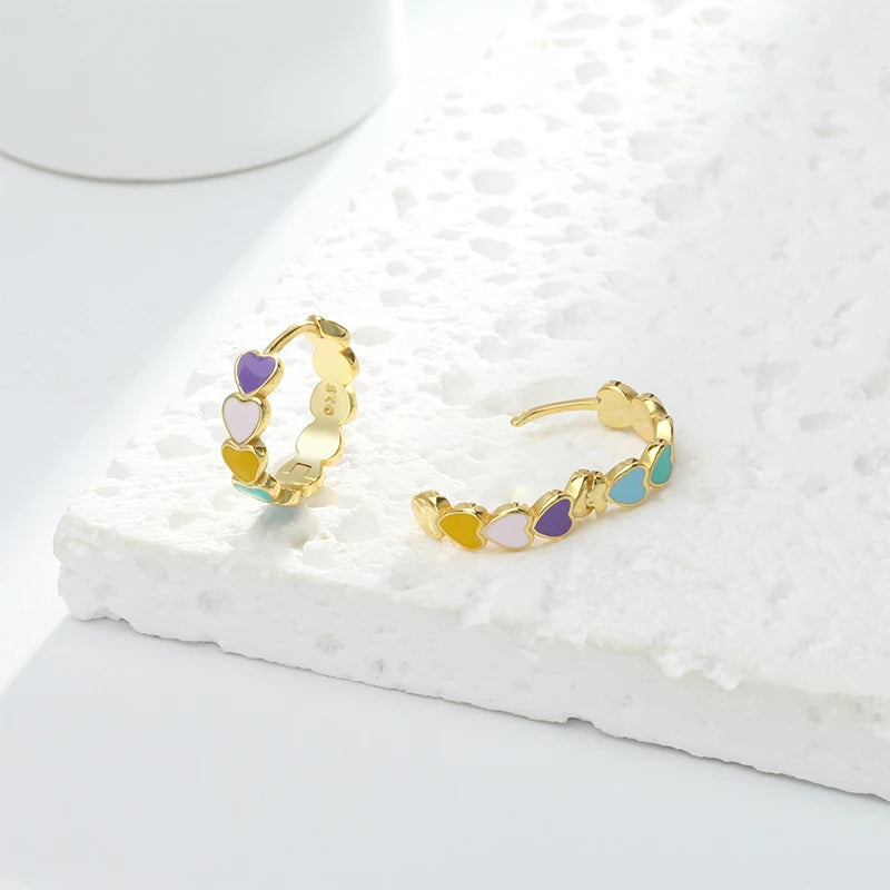 TrustDavis 925 Sterling Silver Women's Fashion Simple Colorful Epoxy Heart Hoop Earrings for Women Girls Jewelry Gift DS4433