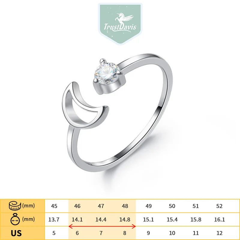 TrustDavis Real 925 Sterling Silver Ring Fashion Sweet Moon Shiny CZ Opening Rings For Women Teen Girls Lady's Jewelry DS1049