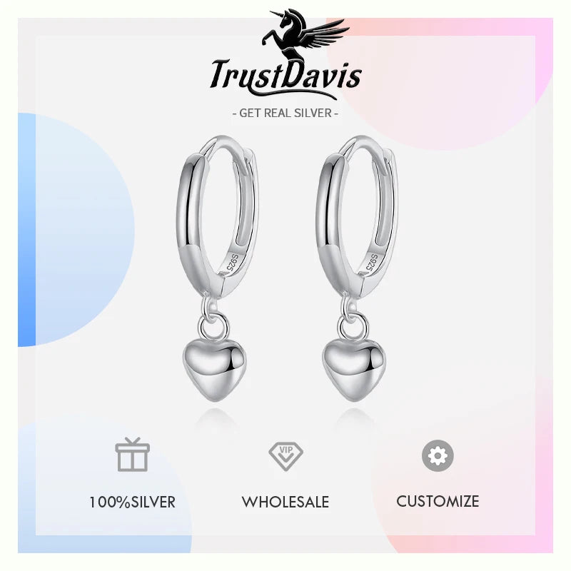 925 Sterling Silver Romantic Heart Dangle Hoop Earring DA1954