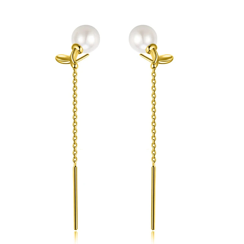 Trustdavis Genuine 925 Sterling Silver Fashion Romantic Leaf Pearl Tassel Ear Line for Women Fashion Silver 925 Jewelry DS4127