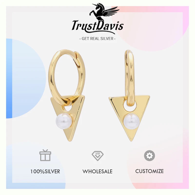 TrustDavis 925 Sterling Silver Women's Fashion Sweet Geometric Triangle Pearl Hoop Earrings for Women Girls Jewelry Gift DS4325
