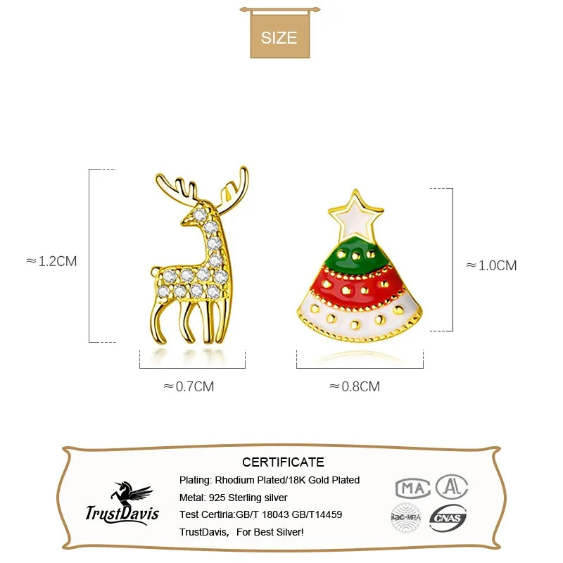TrustDavis Real 925 Sterling Silver Asymmetric Christmas Trees Deer Stud Earrings For Women Christmas Presents Jewelry DS3363