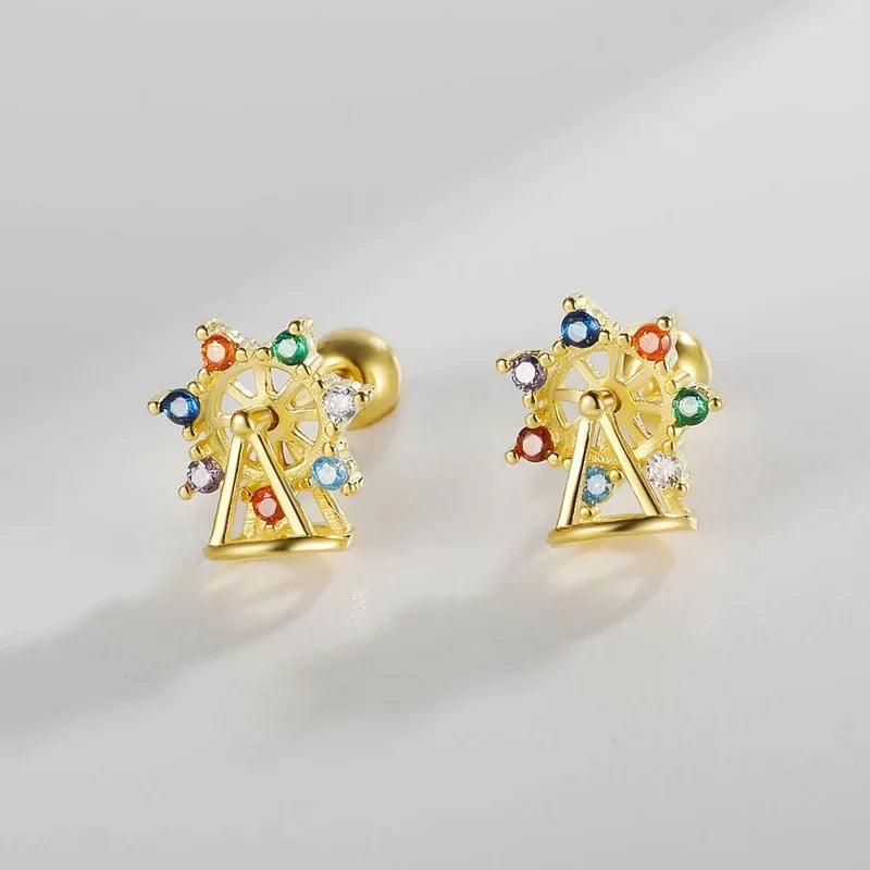 TrustDavis Girls 925 Sterling Silver Ferris Wheel Bead Screw Stud Earrings for Daughter Children Birthday Gift Jewelry DS4167