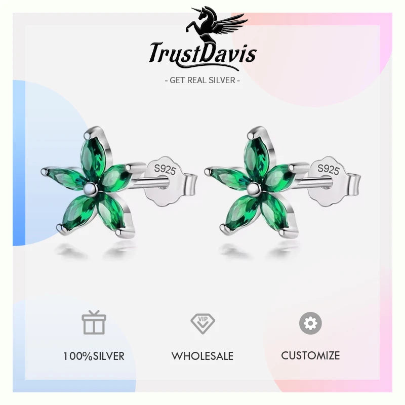 TrustDavis Original Sterling Silver Blue Green Purple CZ Flower Stud Earrings For Women Daughter Girls Fine S925 Jewelry DS4147