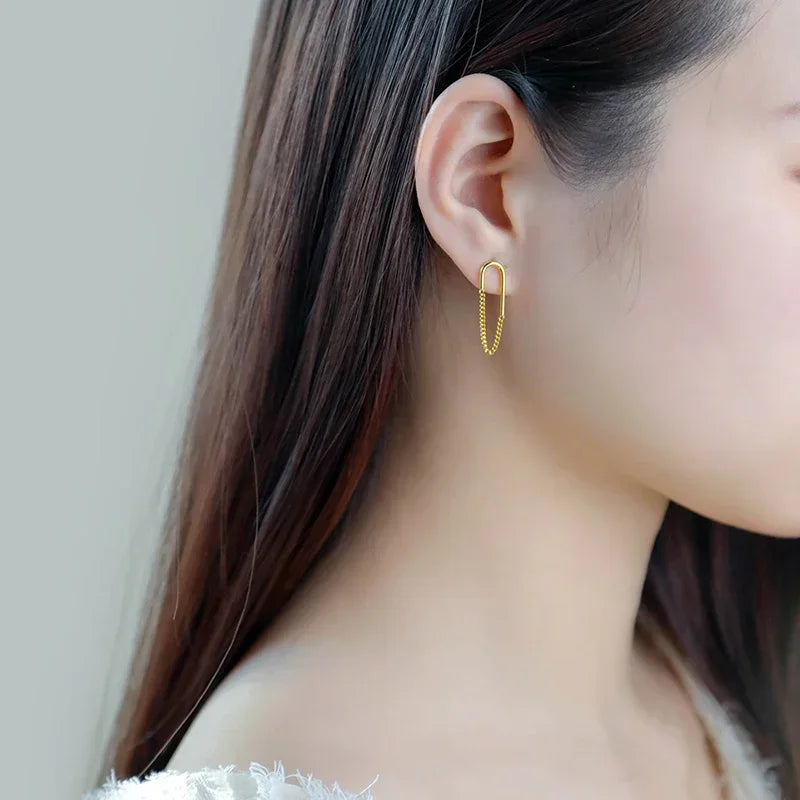 TrustDavis Genuine 925 Sterling Silver Fashion Ellipse Chain Charm Stud Earrings For Women Wedding Valentine's Day Jewelry DB016