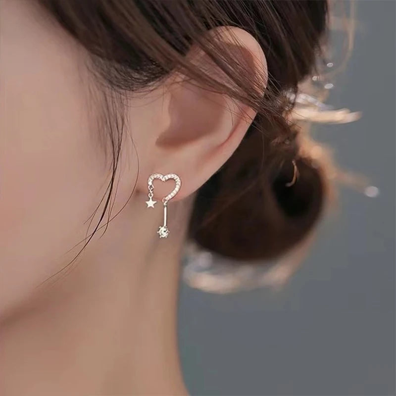 TrustDavis 925 Sterling Silver Women's Fashion Sweet Heart Star Zircon Earrings for Women Girls Jewelry Gift DS4410