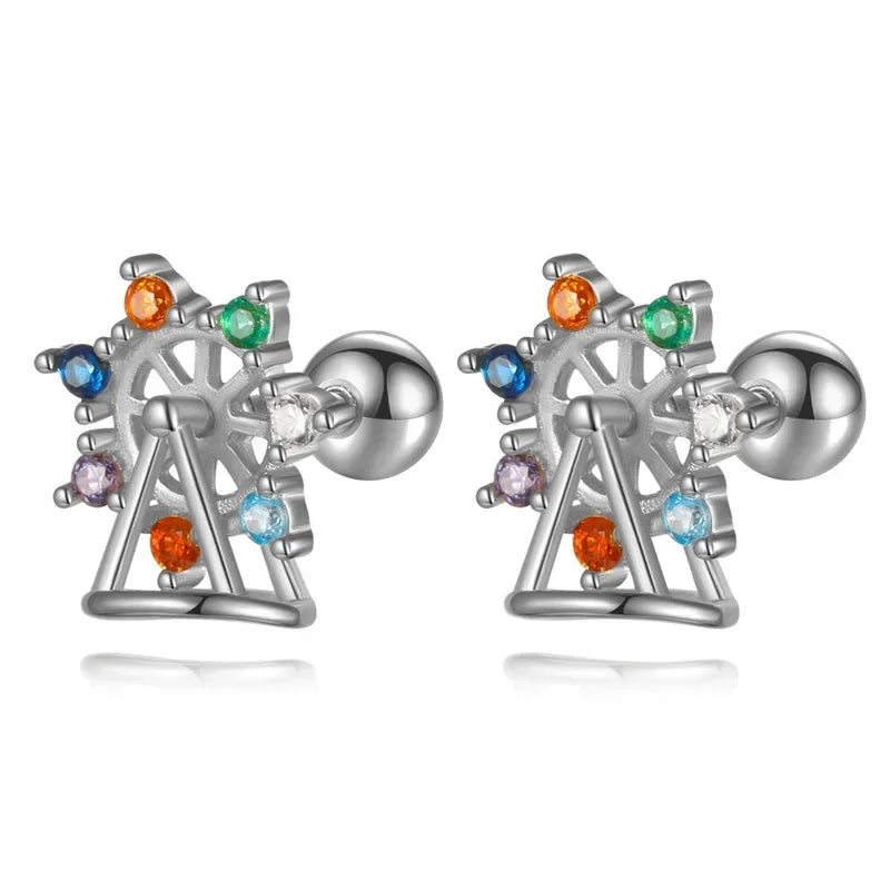 TrustDavis Girls 925 Sterling Silver Ferris Wheel Bead Screw Stud Earrings for Daughter Children Birthday Gift Jewelry DS4167