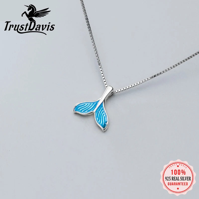 TrustDavis Real 925 Sterling Silver Cute Blue Fish Tail Pendant Handmade DIY Necklace Bracelet Accessories Fine Jewelry DZ1734