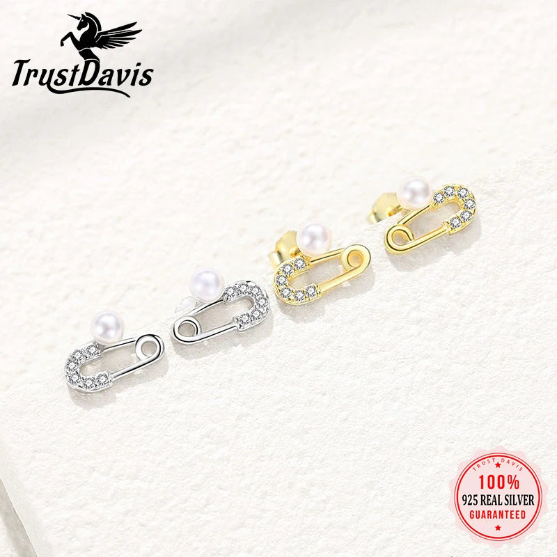 TrustDavis 925 Sterling Silver Women's Fashion Simple Pearl Paper Clip Stud Earrings for Women Girls Jewelry Gift DS4296