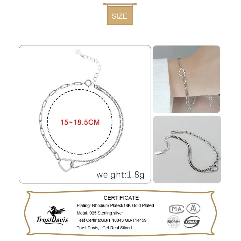 TrustDavis Real 925 Sterling Silver Bracelet Fashion Romantic Heart Beads Chian Bracelet For Women Wedding Fine Jewelry DA2589