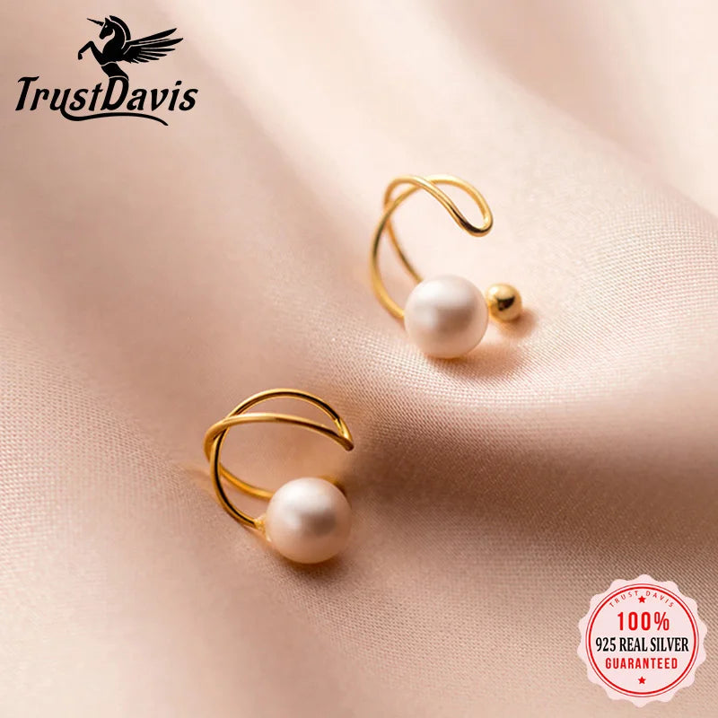 TrustDavis Real 925 Sterling Silver Sweet Gold Cross Synthesis Pearl Clip Earrings For Women Without Piercing Fine Jewelry DA256