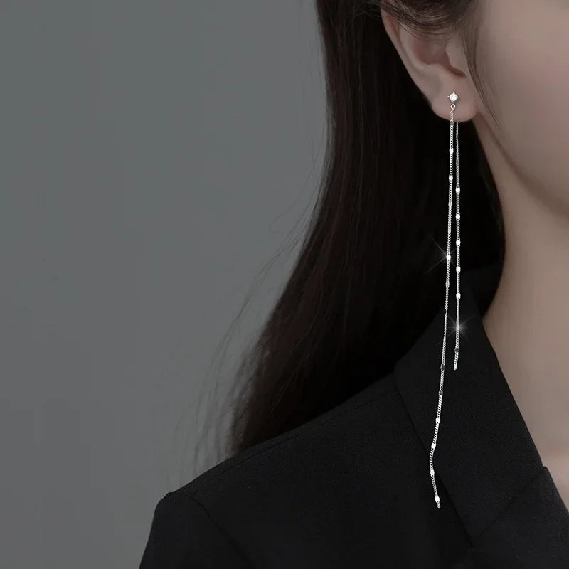 TrustDavis Real 925 Sterling Silver Earring 15CM Long Chain Tassel CZ Stud Earring For Women Valentine's Day Fine Jewelry DE0549