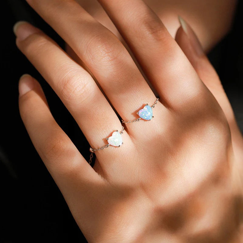 TrustDavis Real 925 Sterling Silver Women's Fashion Simple Blue Opal Heart Adjustable Ring for Women Girls Gift Jewelry DS4233