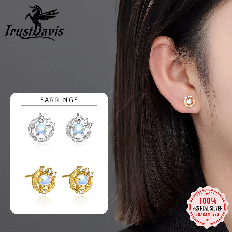 TrustDavis 925 Sterling Silver Women's Fashion Simple Round Feather Moonstone stud Earrings for Women Girls Jewelry Gift DS4474