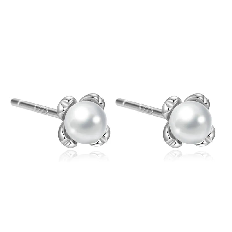 Real 925 Sterling Silver Flower Pearl Stud Earrings DS4958
