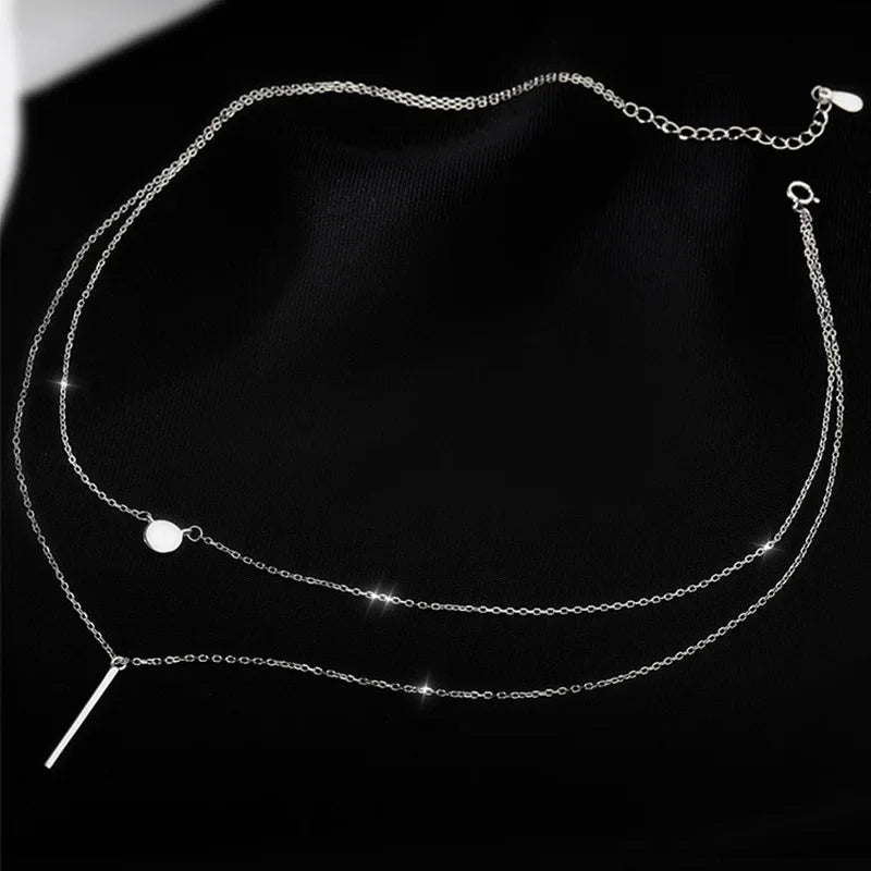 TrustDavis 925 Sterling Silver Elegant Double Layer Geometric Stick Pendant Necklace Fine Jewelry For Women Wedding Party DA1266