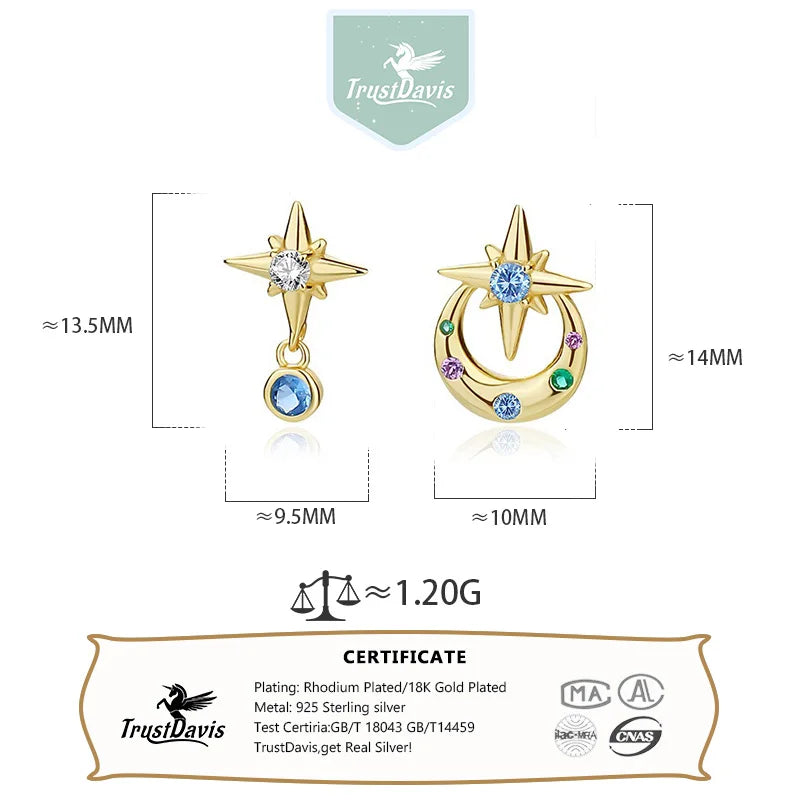 TrustDavis Real 925 Sterling Silver Women's Fashion Colorful Zircon Eight-pointed Star Earrings for Women Gift Jewelry DS4223