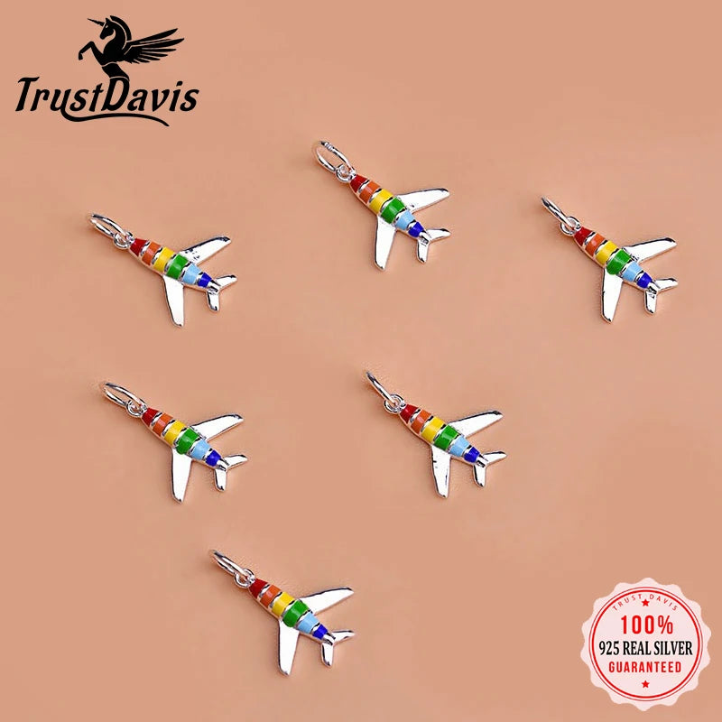 TrustDavis Real 925 Sterling Silver Fashion Color Drip Glue Aircraft Charm Pendant Handmade DIY Accessories Fine Jewelry DZ212