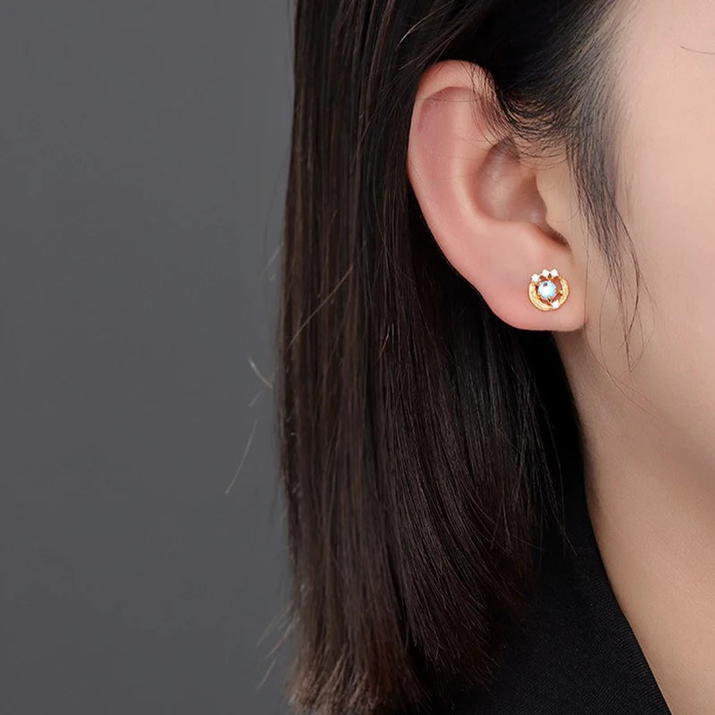 TrustDavis 925 Sterling Silver Women's Fashion Simple Round Feather Moonstone stud Earrings for Women Girls Jewelry Gift DS4474
