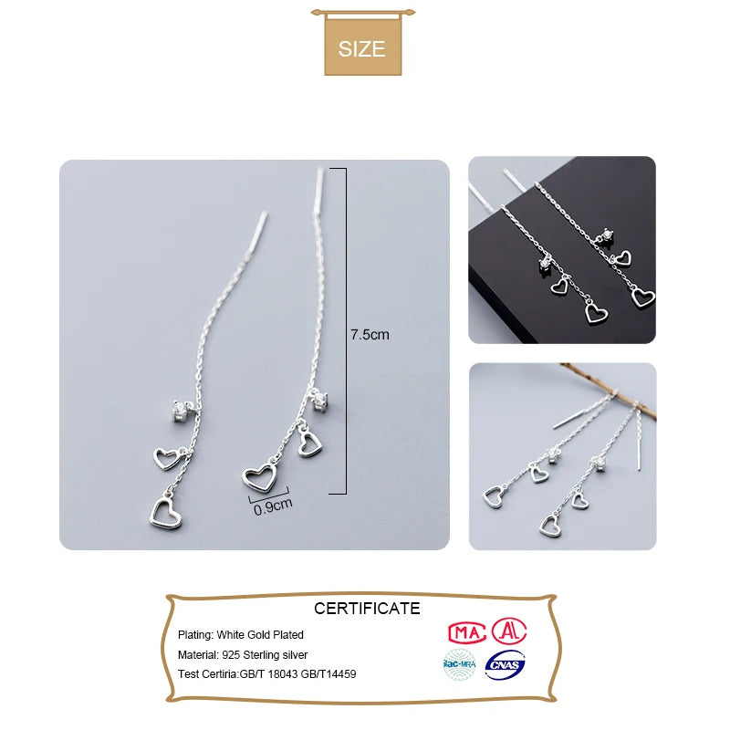 Trustdavis Minimalist 925 Sterling Silver Sweet Tassel Chain Hollow Heart CZ Drop Earring For Women Wedding Fine Jewelry DA1038