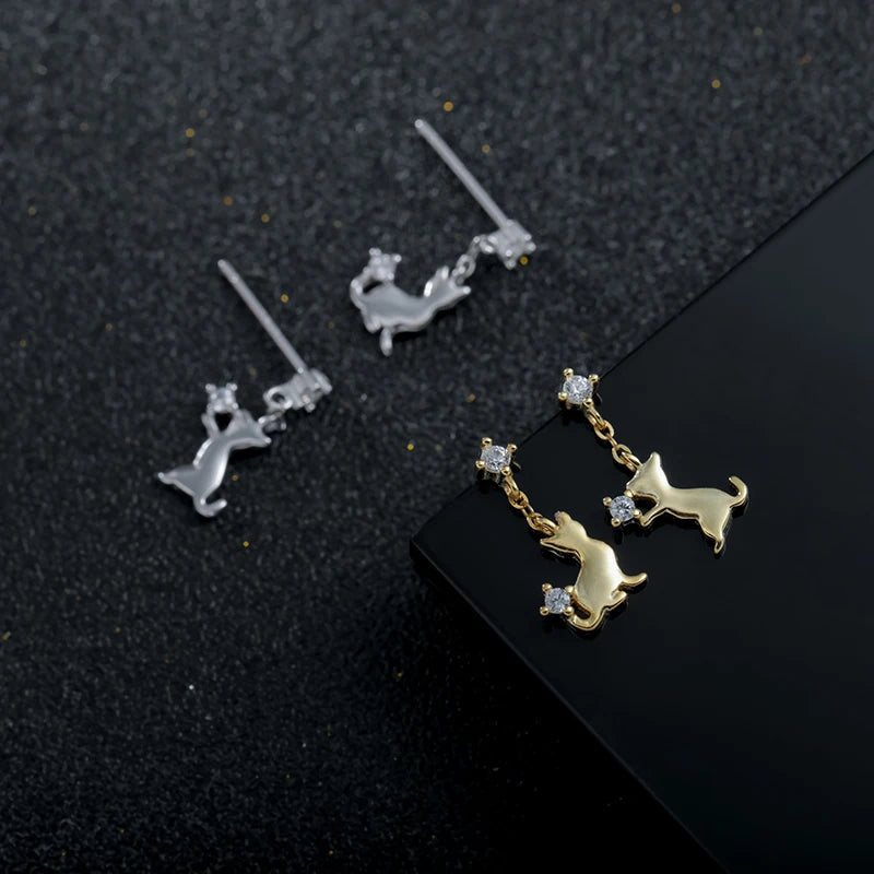 TrustDavis 100% 925 Sterling Silver Cat Stud Earring Fashion Jewelry Gift For Women Daughter Girls Teens Birthday H069