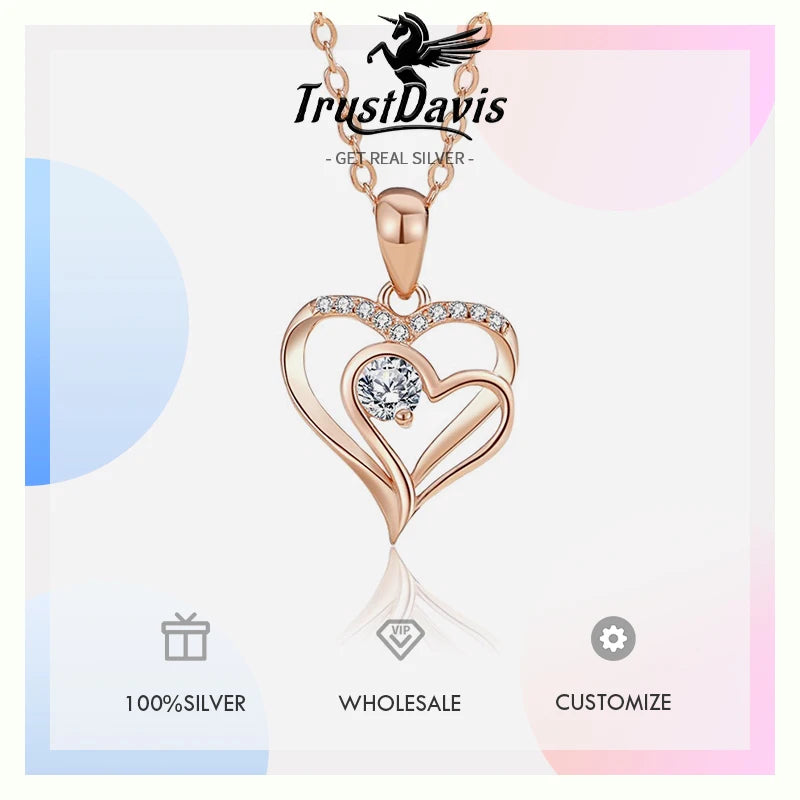 TrustDavis 925 Sterling Silver Heart-shaped Necklace Double Heart Necklace with CZ for Mother's Day Birthday Gift Jewelry DS4201