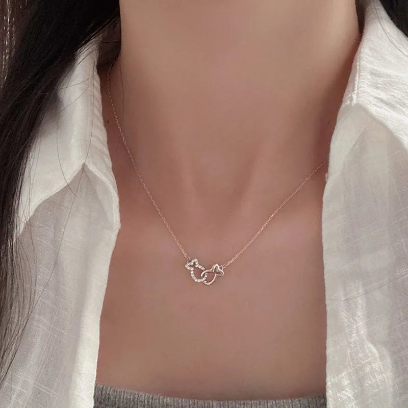 Real 925 Sterling Silver Hollow Double Fish Zircon Necklace DS4959