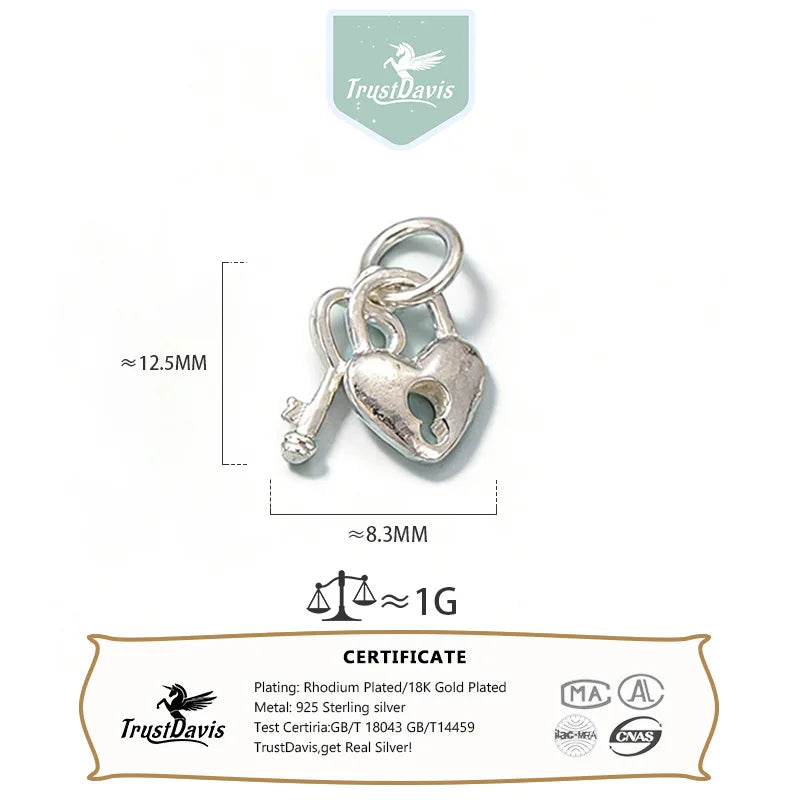TrustDavis 925 Sterling Silver Fashion Classic Heart Lock & Key Pendant DIY Necklace Bracelet Accessories Fine Jewelry DZ1852