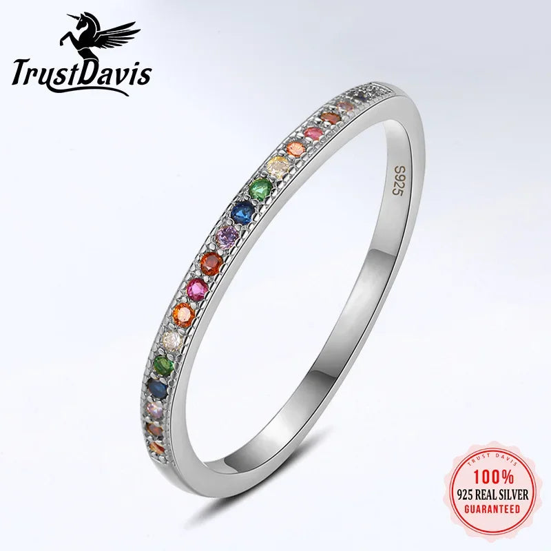 TrustDavis Real 925 Sterling Silver Ring Jewelry Colorful Zircon Wave Finger Ring For Women Wedding Birthday Party Gift DA2676