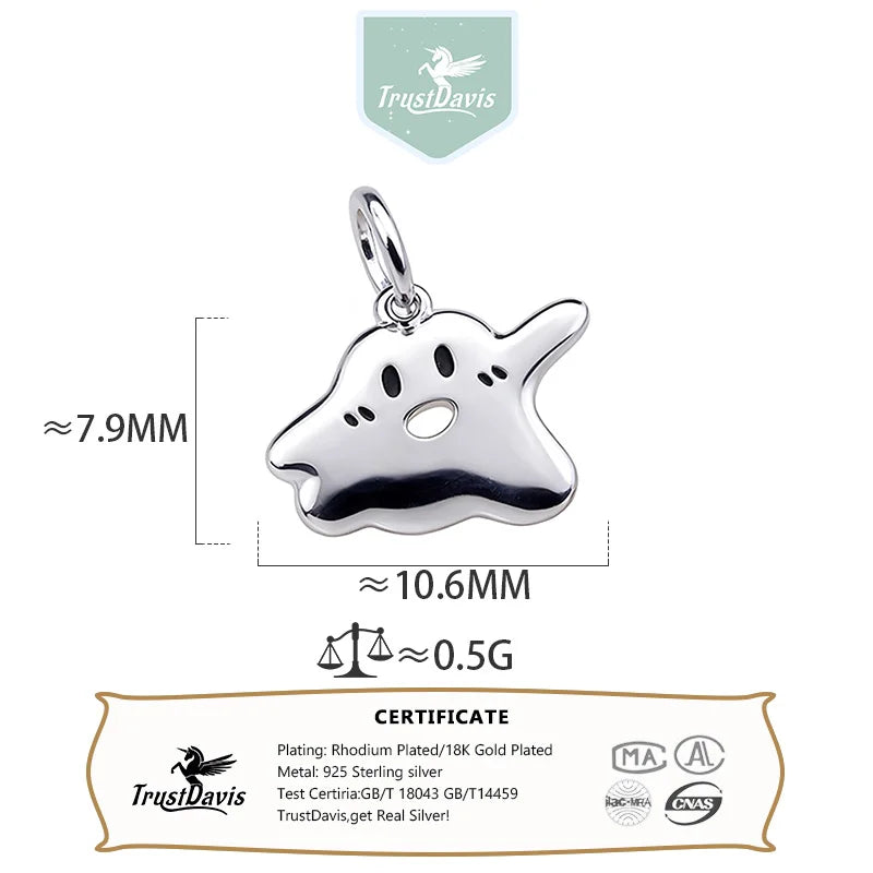 TrustDavis Real 925 Sterling Silver Personality Cute Ghost Halloween Charm Pendant Handmade DIY Accessories Jewelry DZ1810