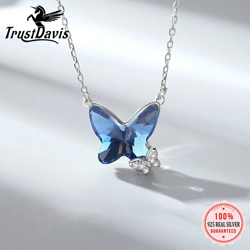 TrustDavis Real 925 Sterling Silver Women's Fashion Sweet Blue Crystal Butterfly Necklace for Women Gril Gift Jewelry DS4218