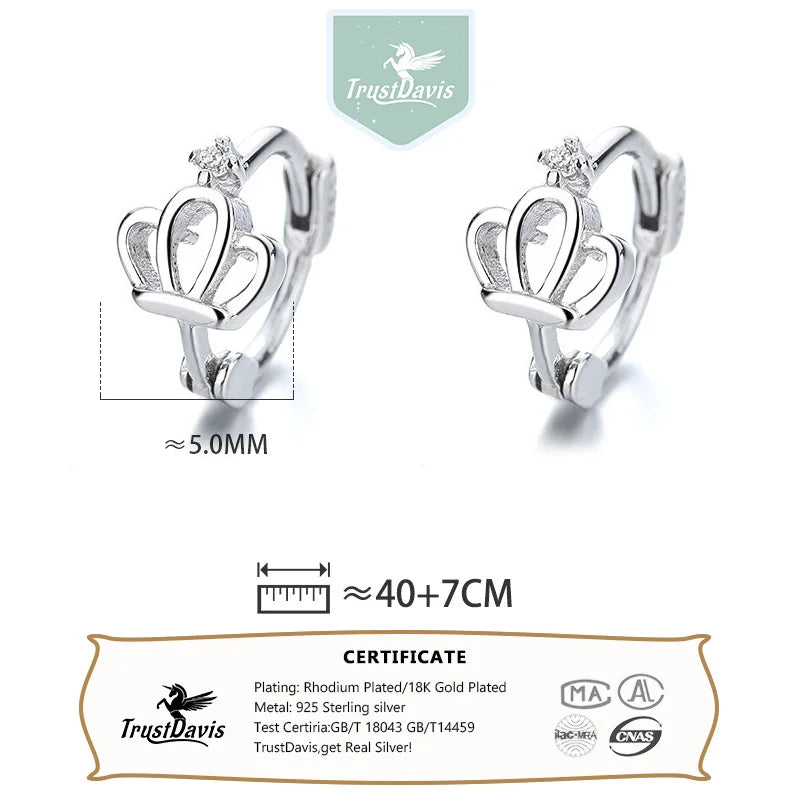 TrustDavis Real 925 Sterling Silver Fashion Temperament Crown Hoop Earrings for Women Wedding Birthday Fine Jewelry DZ1709