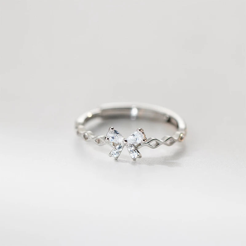 TrustDavis Real 925 Sterling Silver Ring Fashion Charm Bow Zirconi Ring for Women Adjustable Ring Fine Jewelry for Her DS4165