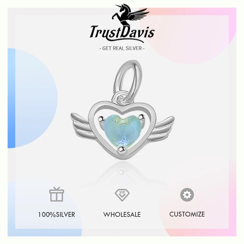 TrustDavis Real 925 Sterling Silver Fashion Love Angel Wings Charm Pendant Handmade DIY Accessories Fine Jewelry Wholesale HY046