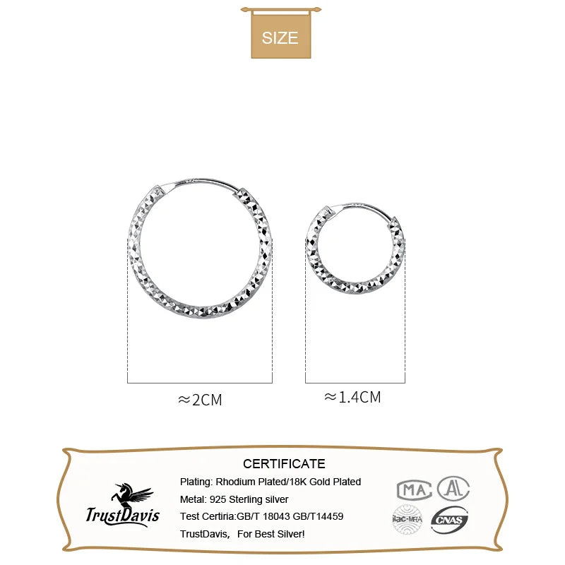 TrustDavis Real 925 Sterling Silver Shiny Hoop Earrings for Women Office Lady Girls Fine 925 Jewelry Wholesale DS3606