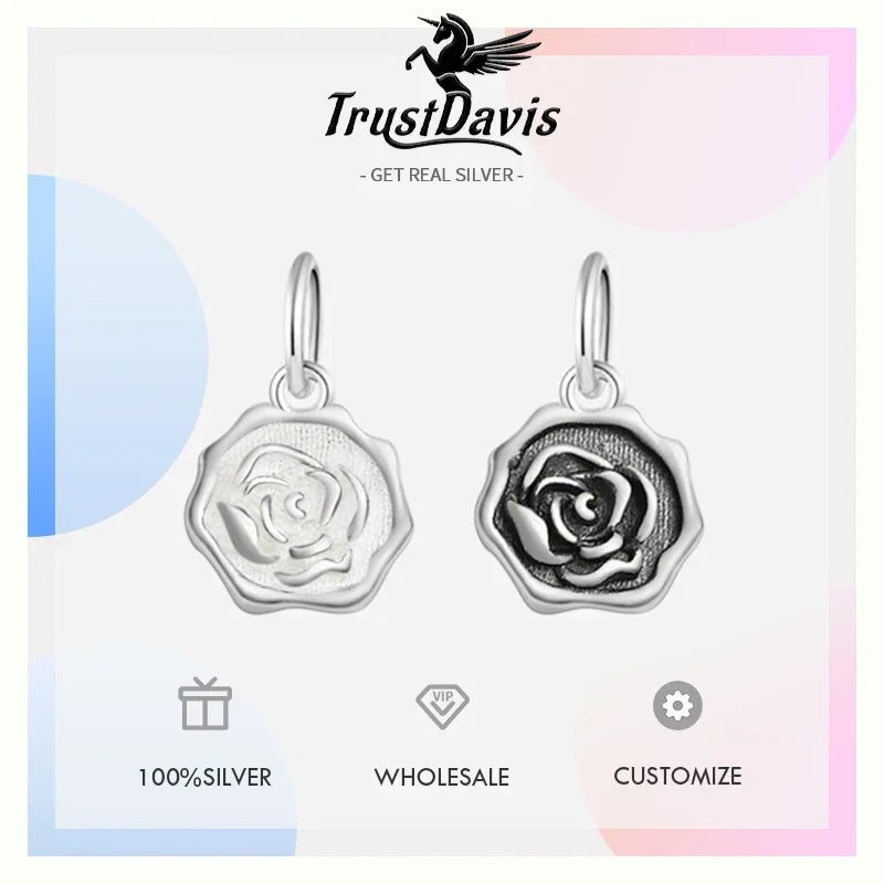 TrustDavis New Fashion Real 925 Sterling Silver Trendy Romantic Rose Charm Pendant Handmade DIY Accessories Wholesale DZ1681